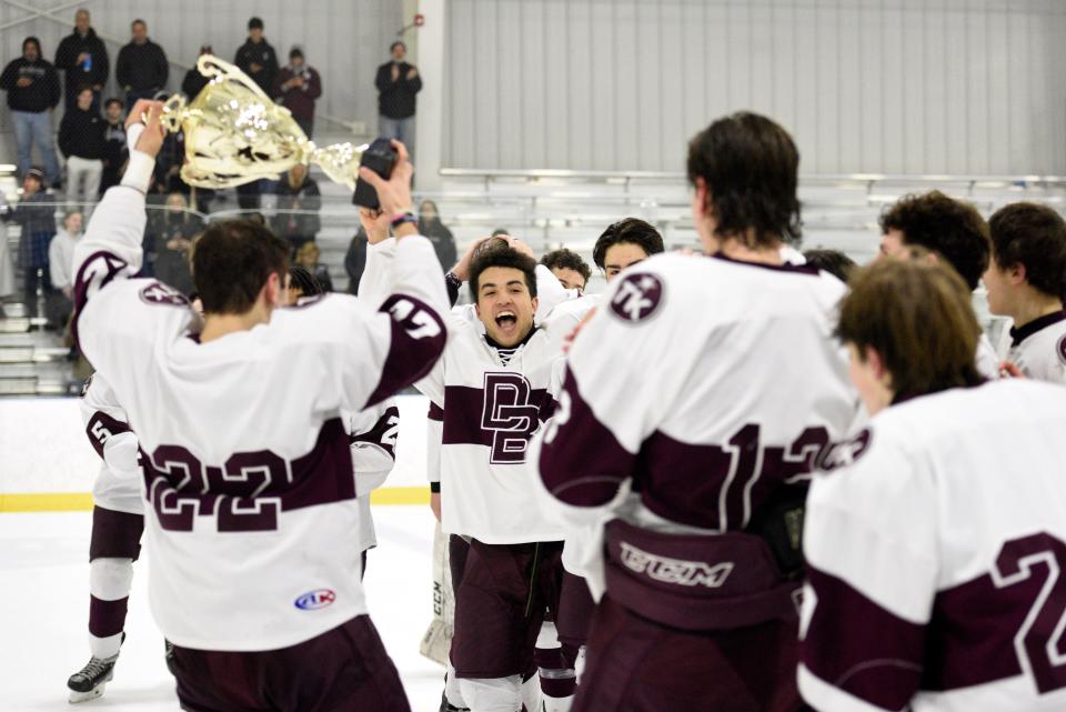 Don Bosco vs. Northern Highlands in the Bergen County hockey tournament final at the Ice Vault Arena on Thursday, January 20, 2022. Don Bosco celebrates defeating Northern Highlands.