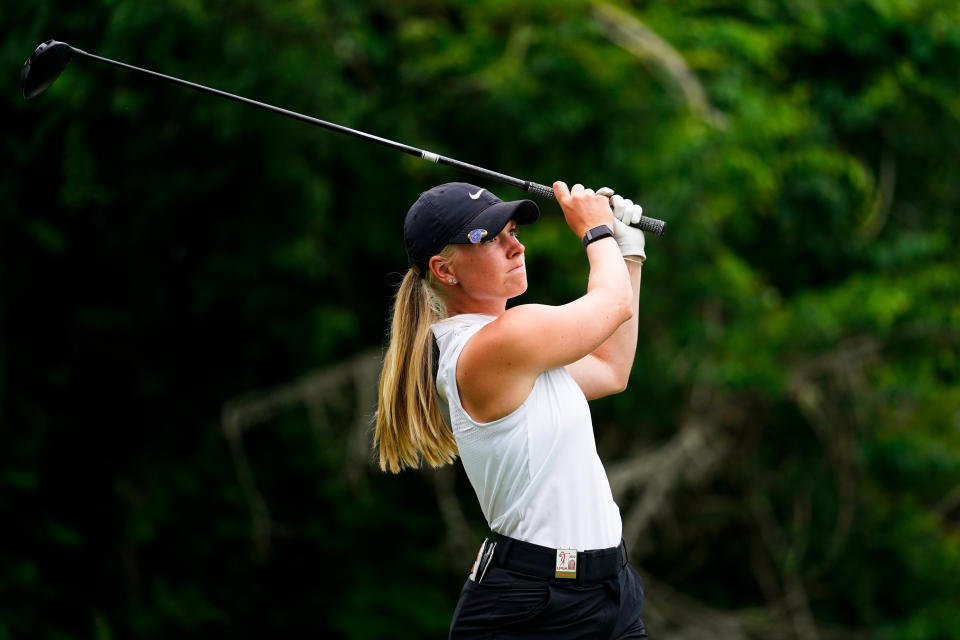 Frida Kinhult, of Switzerland, watches her shot off the 14th tee the second round of the ShopRite LPGA Classic golf tournament, Saturday, June 11, 2022, in Galloway, N.J. (AP Photo/Matt Rourke)