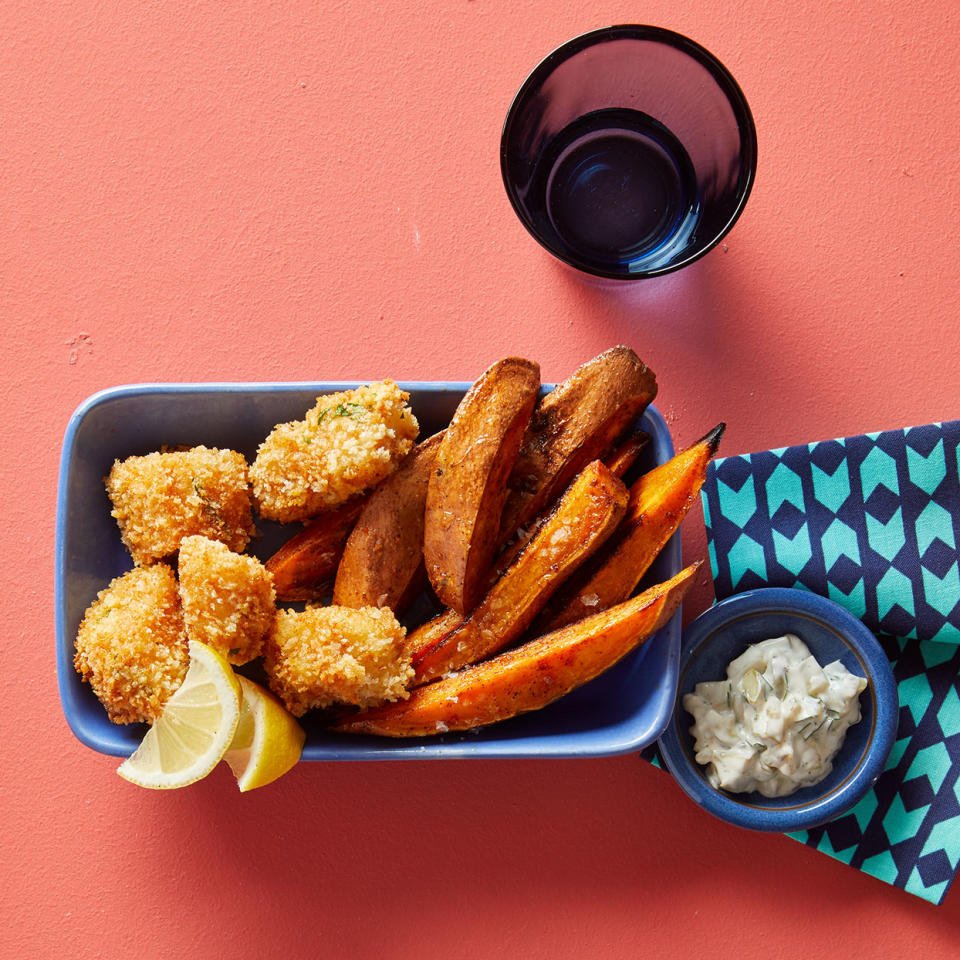 Fish Nuggets with Seasoned Sweet Potato Wedges