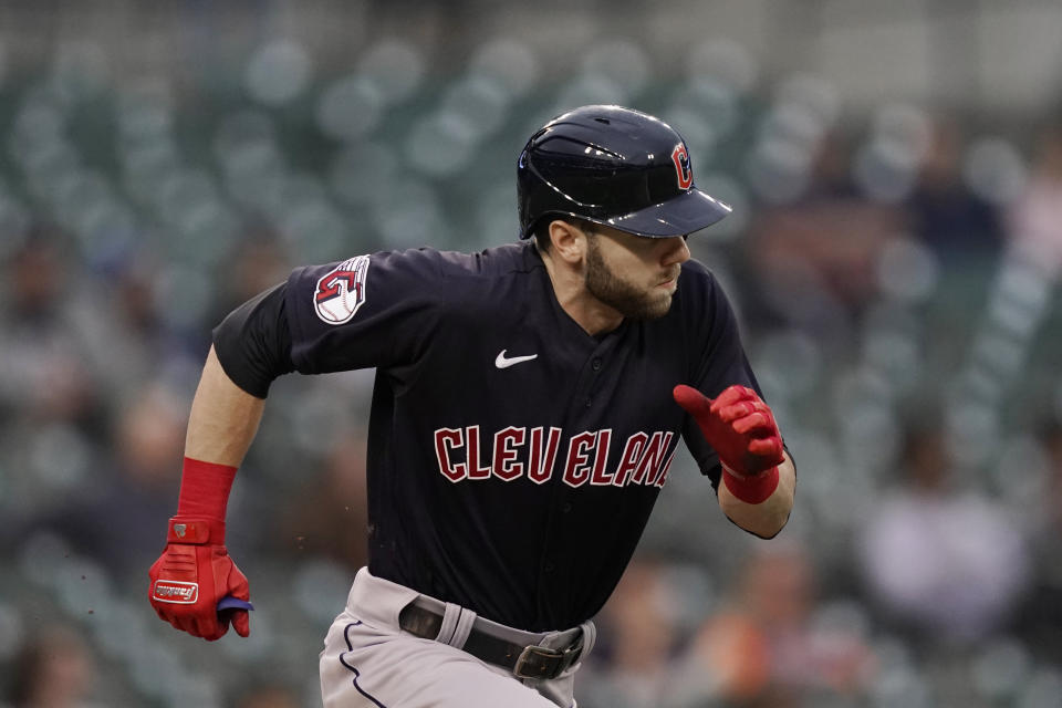 Cleveland Guardians' Owen Miller runs to first for a 2-run RBI single during the third inning of a baseball game against the Detroit Tigers, Thursday, May 26, 2022, in Detroit. (AP Photo/Carlos Osorio)
