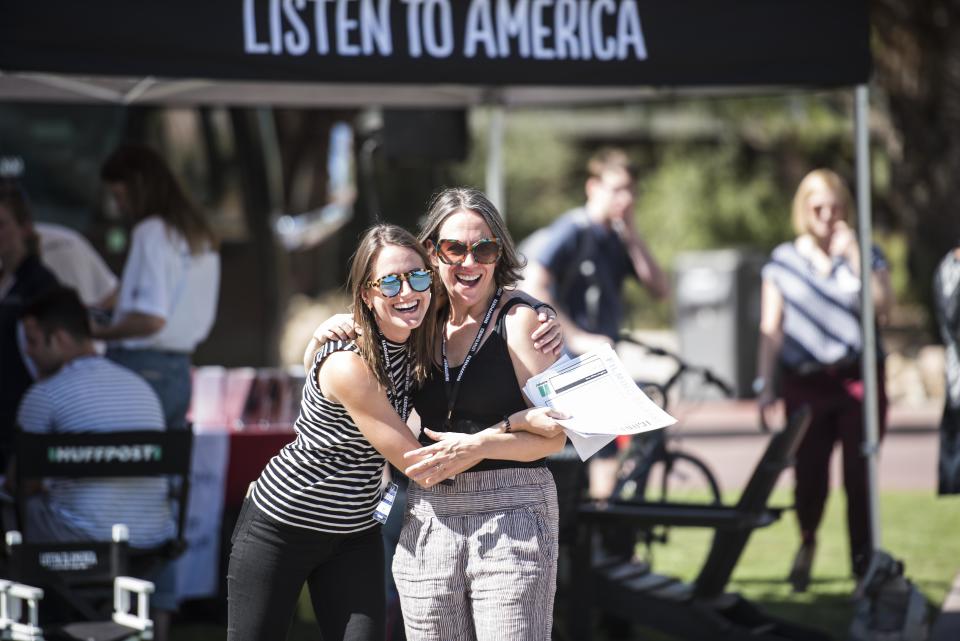 Emma Reilly hugs Hillary Frey during HuffPost's visit to University of Arizona in Tucson.