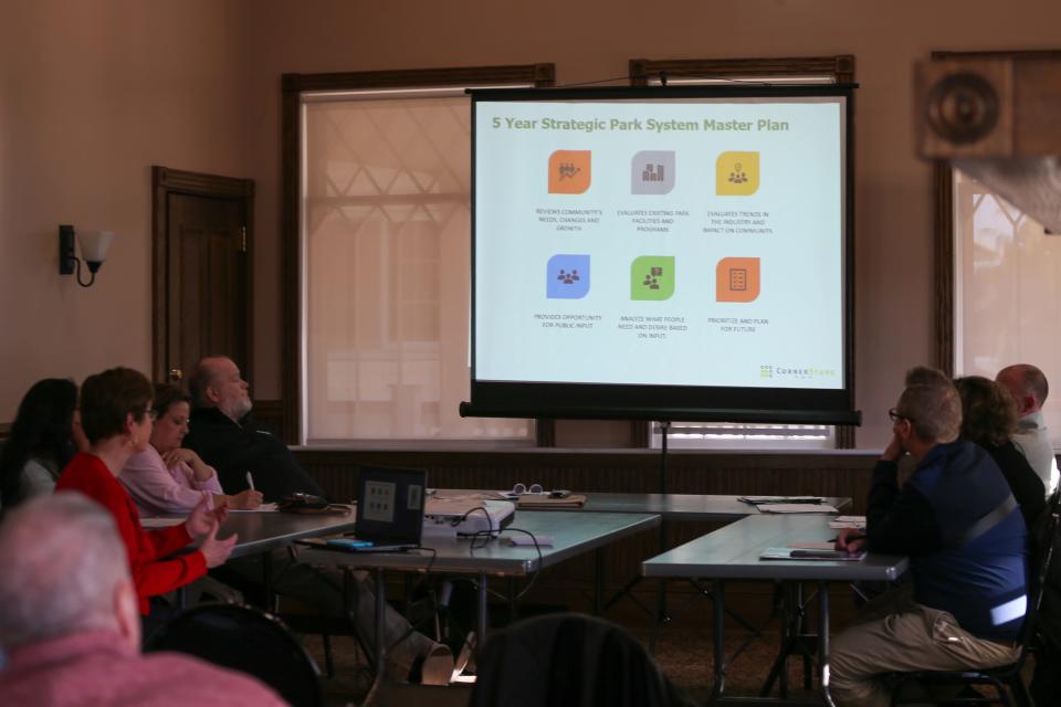 Deb Schmucker, president and CEO of Cornerstone Planning & Design Solutions presents the Lafayette Parks and Recreation Department its five-year master plans at February's Lafayette Parks and Recreation Department meeting, on Monday, Feb. 12, 2024, in Lafayette, Ind.