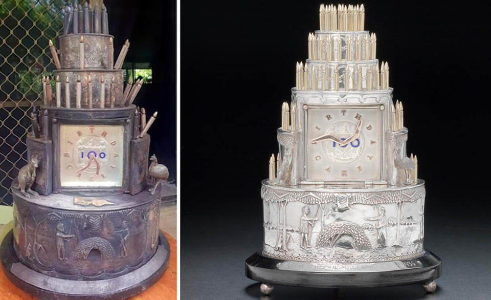 Left: The tarnished and rundown centenary clock. Right: The clock fully restored and clean