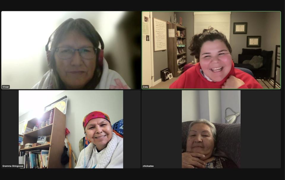 Zoey Roy, a Cree-Dene and Métis poet and creative producer of the Medicine Songs Project, met with the three grandmothers — Ketchum, top left, Shingoose, bottom left, and Richards — over five weeks last summer to help shape Ogichidaa. Roy hopes the song speaks to younger people.