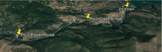 The Rock Creek Bridge is 3.5 miles west of the Lake Britton Dam and 13 miles east of Big Bend.