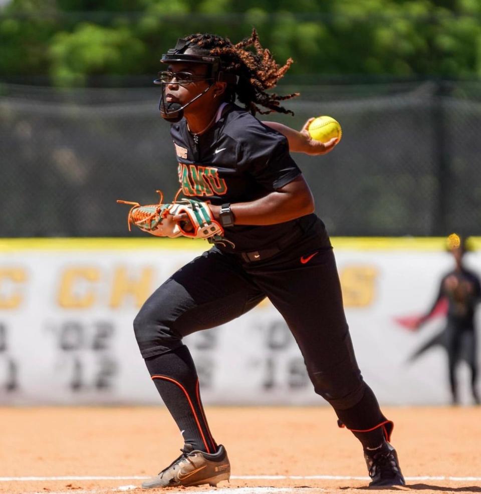 Florida A&M pitcher Zoryana Hughes winds up for a pitch against the Bethune-Cookman Wildcats during an Easter Weekend Southwestern Athletic Conference softball series at Sunnyland Park in Daytona Beach, Florida.