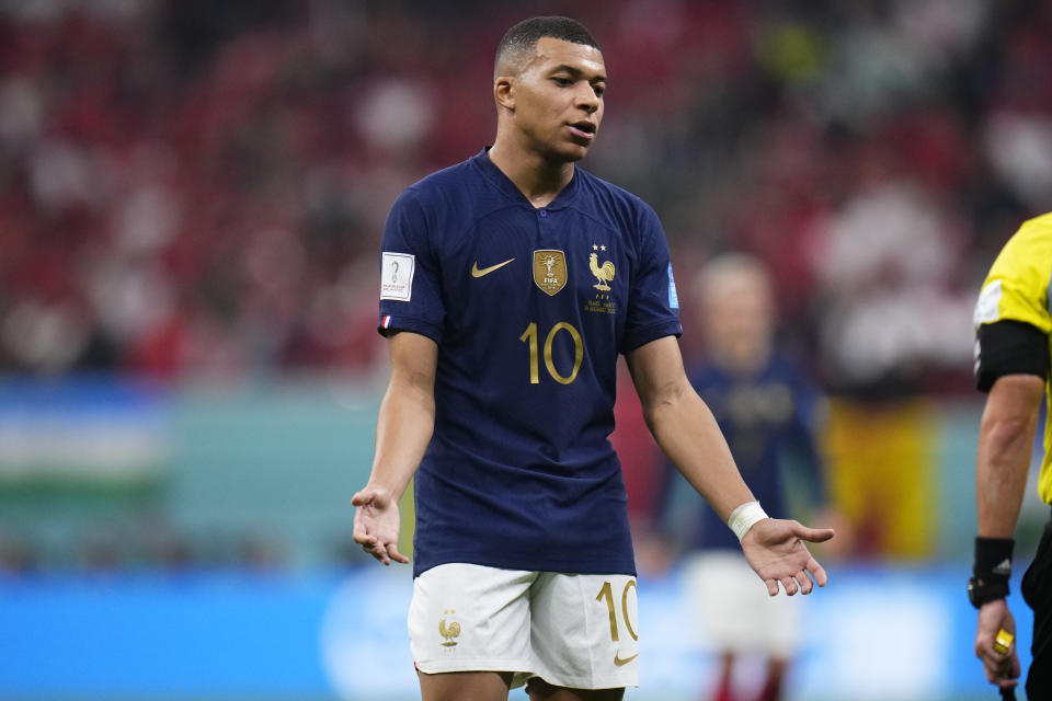 France's Kylian Mbappe reacts during the World Cup semifinal soccer match between France and Morocco at the Al Bayt Stadium in Al Khor, Qatar, Wednesday, Dec. 14, 2022. (AP Photo/Manu Fernandez)
