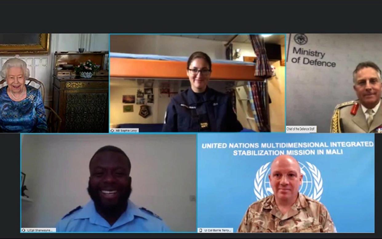 The Queen speaking via videocall to, top row, AB Sophie Levy and Gen Sir Nicholas Carter and, bottom row, L/Cpl Shanwayne Stephens and Lt Col Barrie Terry - PA