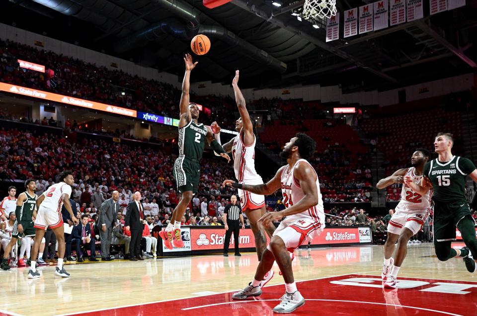 Michigan State guard Tyson Walker shoots the ball in the first half against Maryland Terrapins' Julian Reese at Xfinity Center on Sunday, Jan. 21, 2024 in College Park, Maryland.