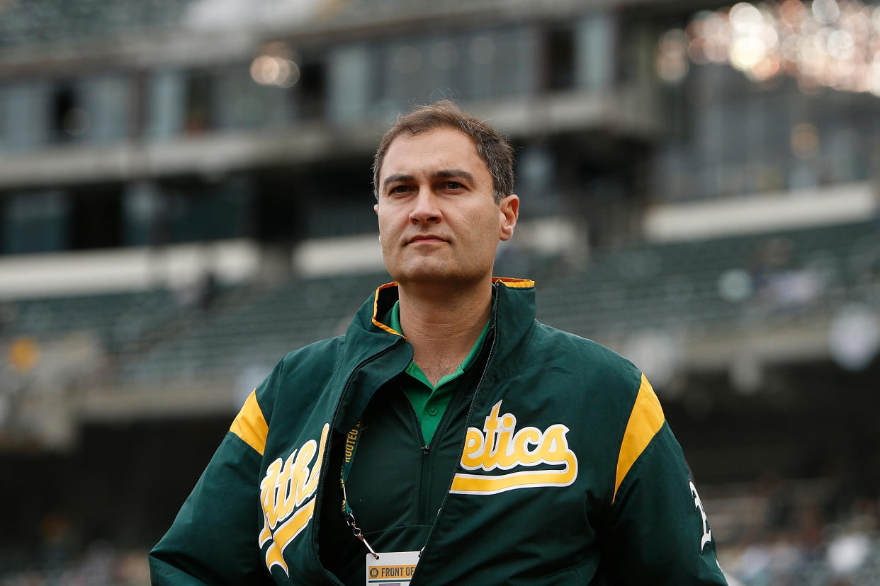 OAKLAND, CALIFORNIA - JUNE 15: Dave Kaval President of the Oakland Athletics walks on the field before the game against the Seattle Mariners at Ring Central Coliseum on June 15, 2019 in Oakland, California. (Photo by Lachlan Cunningham/Getty Images)
