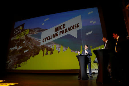 Nice mayor Christian Estrosi speaks during a news conference for the official presentation of the 2020 Grand Depart of the Tour de France cycling race the Opera de Nice in Nice, France, March 18, 2019. REUTERS/Eric Gaillard