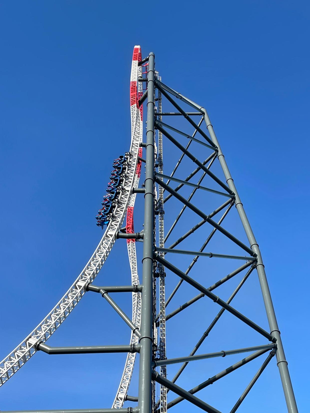 Riders on Cedar Point's Top Thrill 2 coaster make their way up the 420-foot-tall tower, before the ride was temporarily closed.