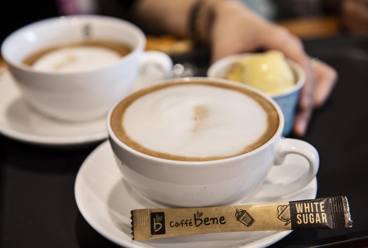 ULAANBAATAR, MONGOLIA - 2018/09/29: Customers enjoy a cappuccino (front), a espresso (back) and ice cream at the largest Korean coffeehouse chain, Caffe Bene. (Photo by Miguel Candela/SOPA Images/LightRocket via Getty Images)