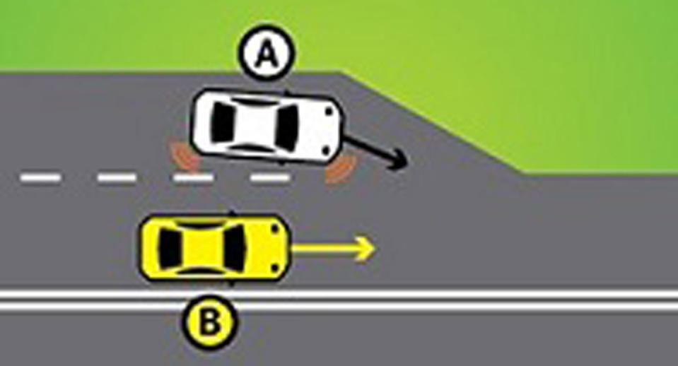 Pictured are two cars. One is trying to merge into the right lane where another car is. The dotted line ends. It's trying to perform a zip or zipper merge.