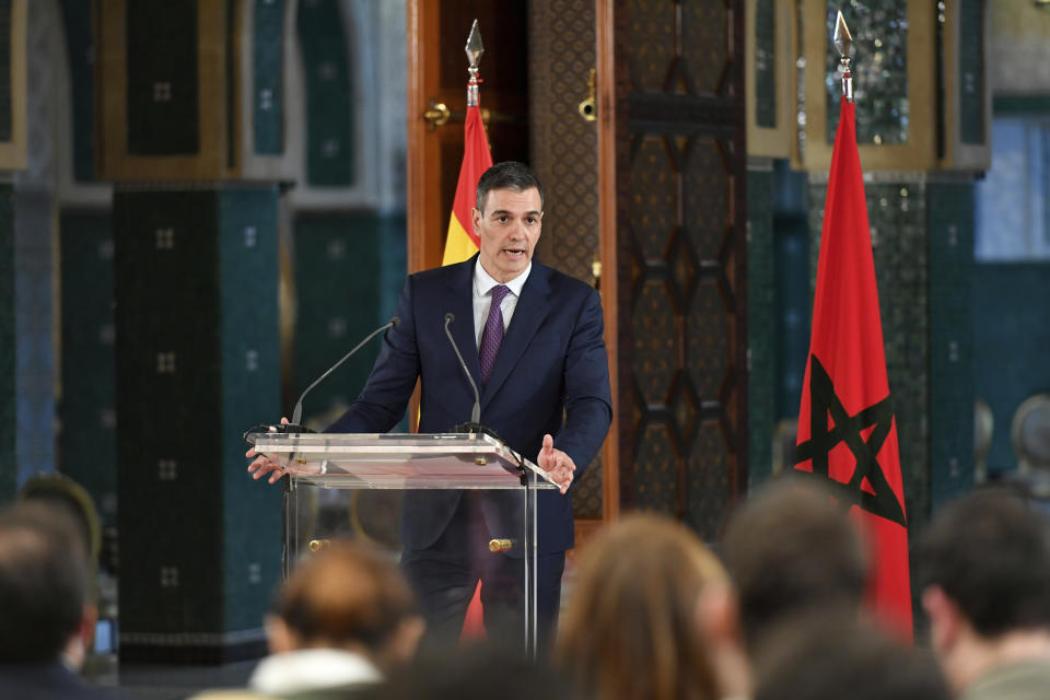 Spanish Prime Minister Pedro Sanchez speaks at a press conference after holding meetings with his Moroccan counterpart during an official visit to Rabat, Morocco, Wednesday, Feb. 21, 2024. (AP Photo)