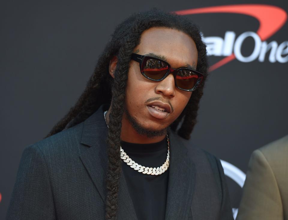 In this file photo, Takeoff, of Migos, arrives at the ESPY Awards on Wednesday, July 10, 2019, at the Microsoft Theater in Los Angeles.