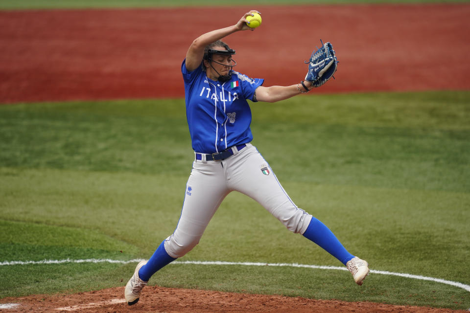 Italy's Greta Cecchetti pitches during a softball game against Canada at Yokohama Baseball Stadium during the 2020 Summer Olympics, Monday, July 26, 2021, in Yokohama, Japan. (AP Photo/Matt Slocum)