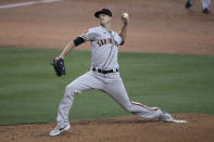 San Francisco Giants starting pitcher Drew Smyly throws to a Los Angeles Dodgers batter during the first inning of a baseball game Sunday, July 26, 2020, in Los Angeles. (AP Photo/Jae C. Hong)