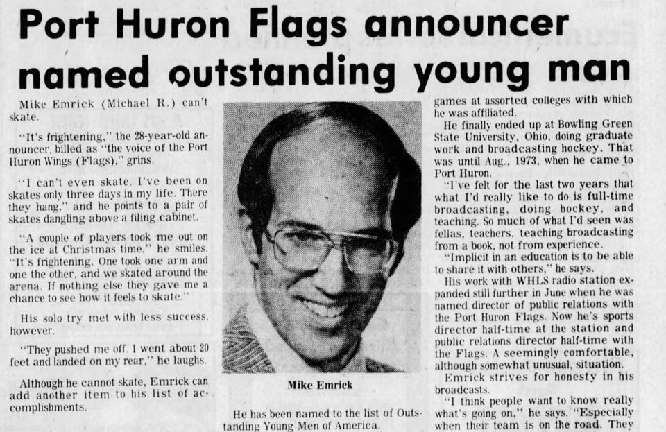 A story on Mike "Doc" Emrick, then the play-by-play voice of the Port Huron Flags, is seen in the Sept. 28, 1974, edition of the Times Herald.