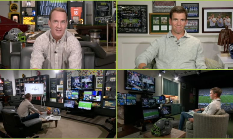 Peyton and Eli Manning on Week 2 Monday Night Football simulcast on ESPN2.