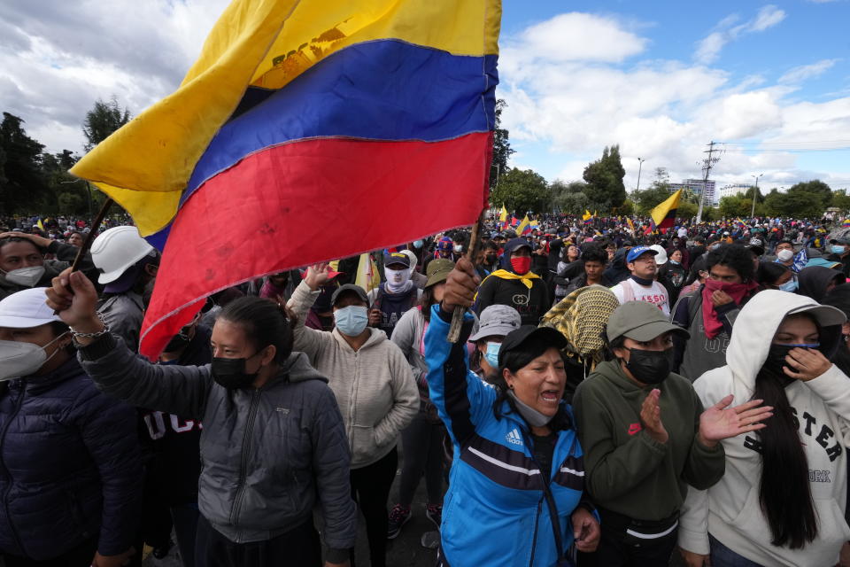 Protesters rally to show their support for the recent protests and national strike against the government of President Guillermo Lasso, near the National Assembly, in Quito, Ecuador, Saturday, June 25, 2022. Ecuador’s president charged Friday that the Indigenous leader heading the nationwide strike is seeking to stage a coup and warned he will use all legal tools to contain the violence unleashed by the demonstrations. (AP Photo/Dolores Ochoa)