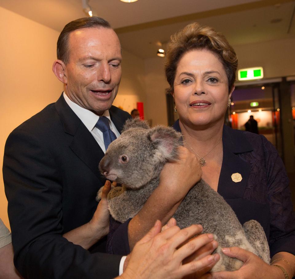 G20 handout photo shows Australia's PM Abbott helping Brazil's President Rousseff hold a koala before the G20 Leaders' Summit in Brisbane