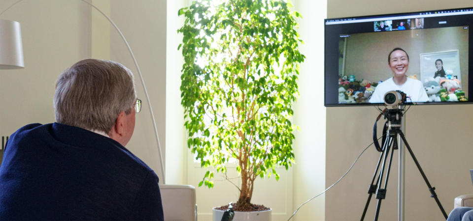 The IOC released an image of president Thomas Bach speaking with Chinese tennis player Peng Shuai. (IOC) 