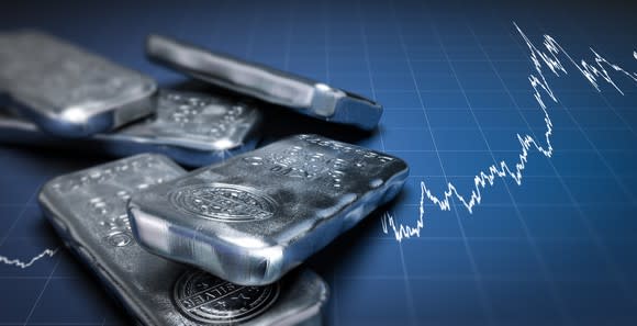 A messy pile of silver ingots, with a volatile digital stock chart rising in the background.