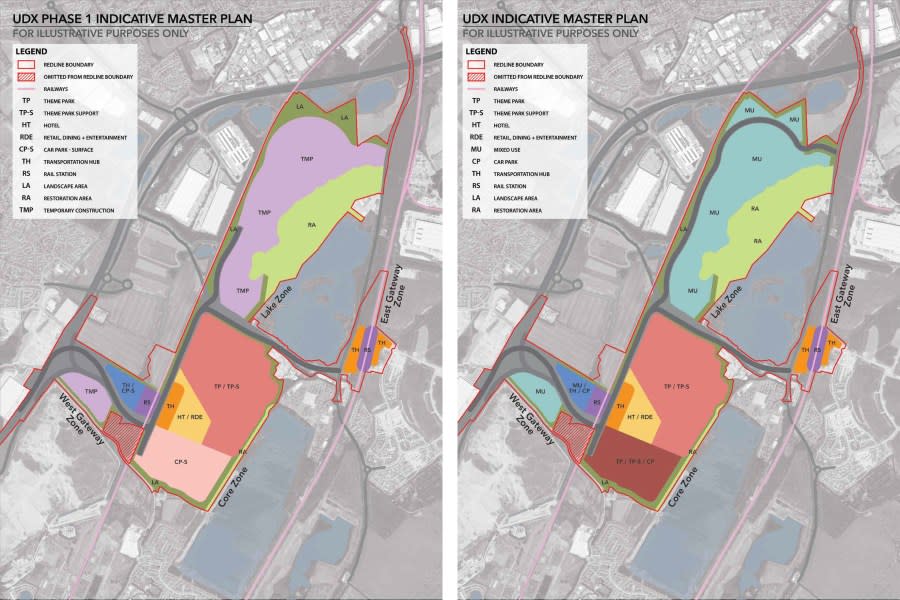 The Phase 1 Master Plan and the Indicative Master Plan provided by Universal for its propose new theme park in Bedford, England. (Universal)