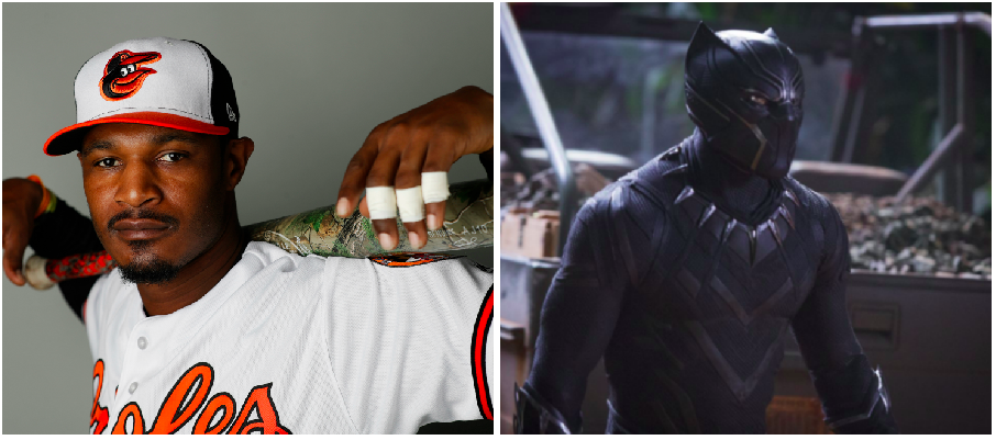 Adam Jones could work as Black Panther. (Photos via AP and Marvel)