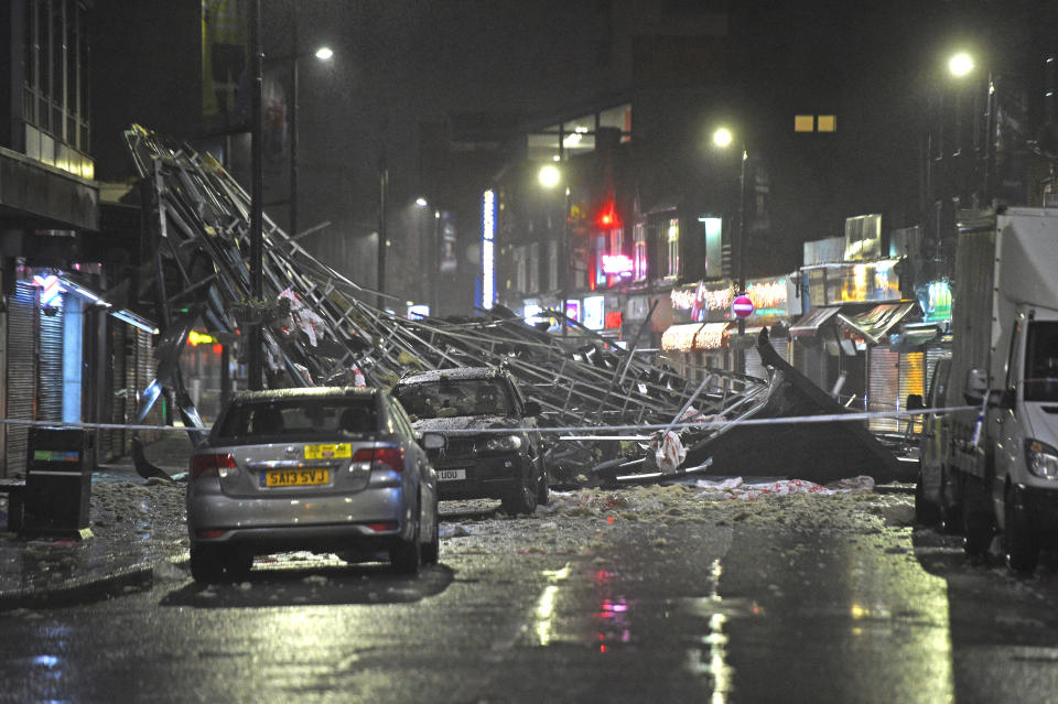 Slough high street after a roof was blown off a building onto the road amid strong winds which have battered parts of the UK.