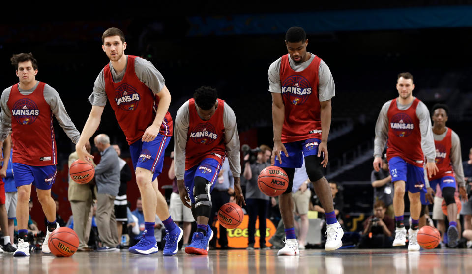 Kansas players will be rocking new kicks when they take on Villanova on Saturday thanks to a last-minute surprise from Adidas. (AP Photo)