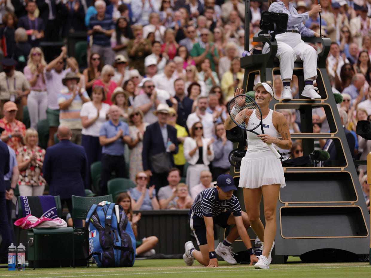 Czech Republic’s Marketa Vondrousova celebrates winning her semi final match against Ukraine’s Elina Svitolina to reach her maiden Wimbledon final (Reuters via Beat Media Group subscription)