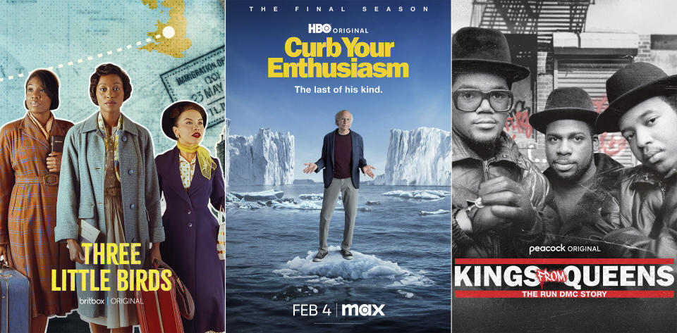 This combination of photos shows promotional art for "Three Little Birds," premiering Feb. 1 on Britbox, left, "Curb Your Enthusiasm," the final season premiering Feb. 4 on Max, center, and "Kings from Queens: The Run DMC Story," premiering Feb. 1 on Peacock. (Britbox/Max/Peacock via AP)