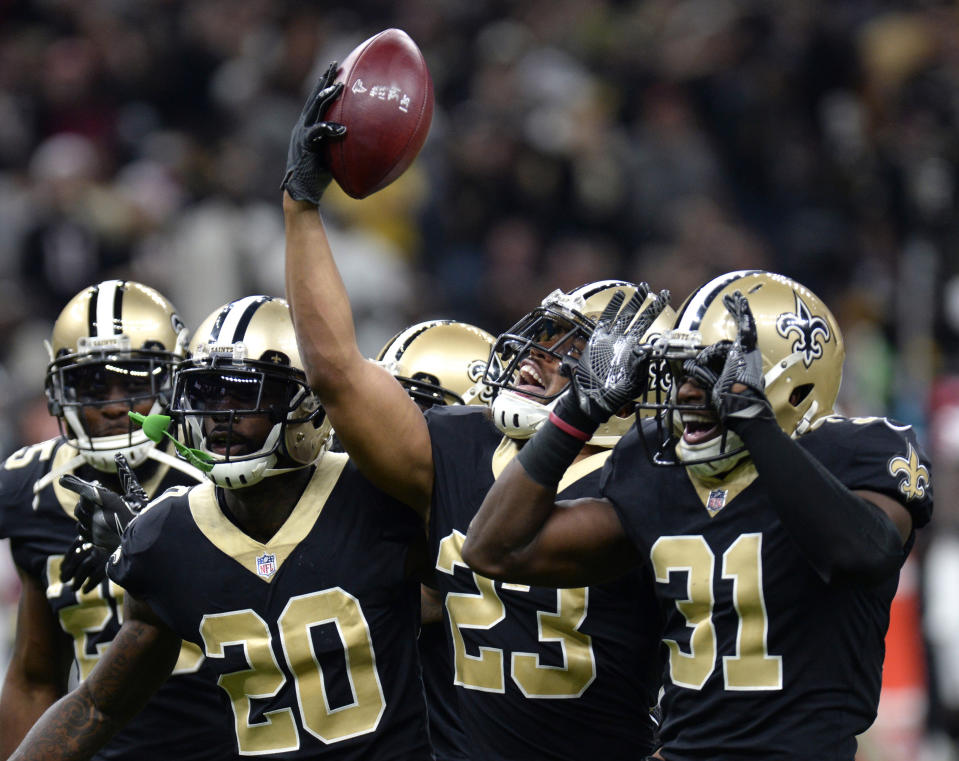 New Orleans Saints cornerback Marshon Lattimore celebrates his interception against the Atlanta Falcons. (AP)