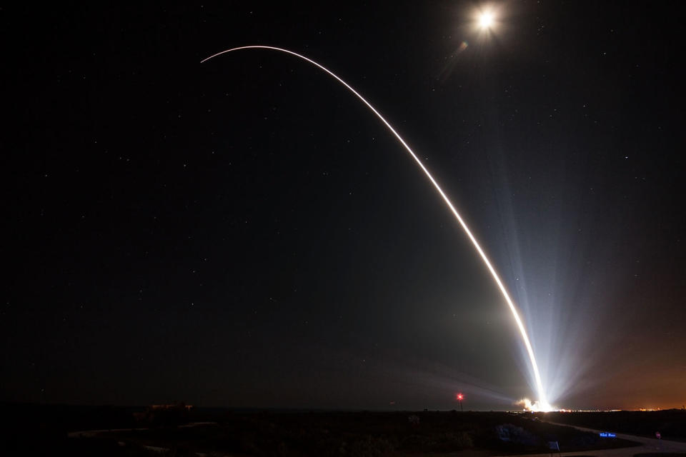 A United Launch Alliance Delta IV Medium rocket blazes a light trail through the sky on Dec. 7, 2016. <cite>ULA</cite>