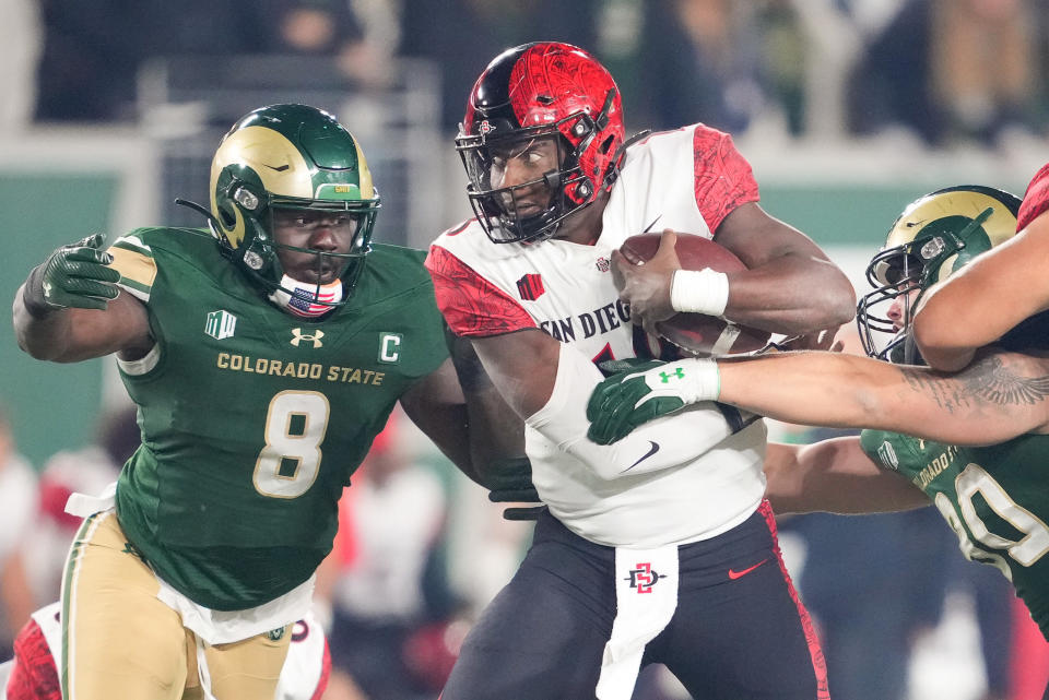 Nov 11, 2023; Fort Collins, Colorado, USA; San Diego State Aztecs quarterback Jalen Mayden (18) is tackled by Colorado State Rams defensive lineman Mohamed Kamara (8) during the second quarter at Sonny Lubick Field at Canvas Stadium. Mandatory Credit: Andrew Wevers-USA TODAY Sports