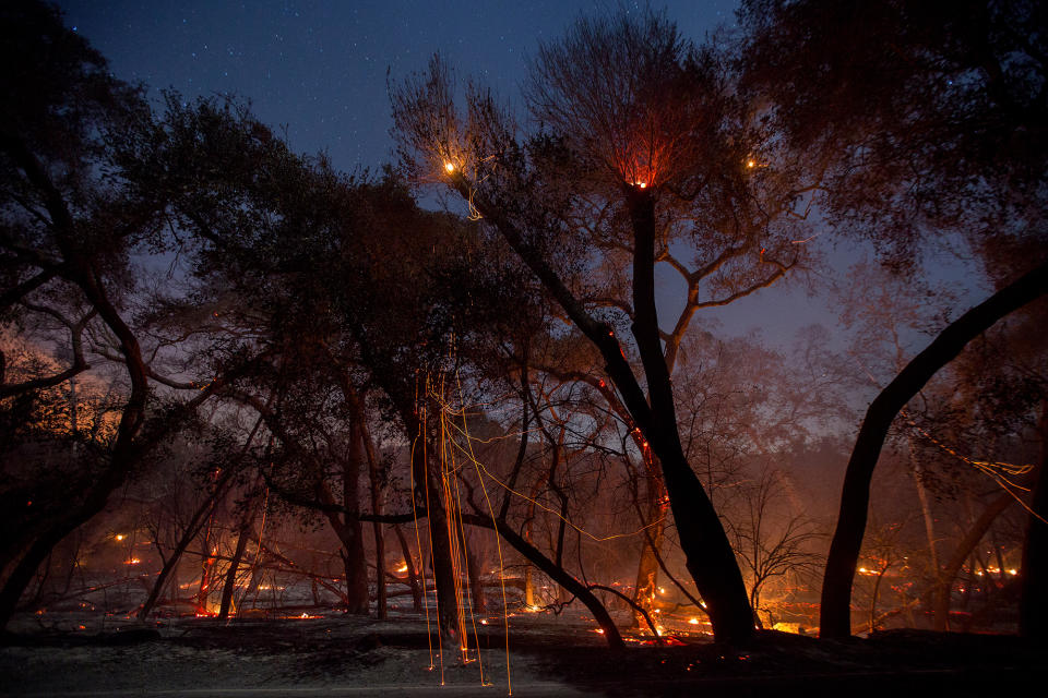 <p>The Lilac Fire simmers in the early morning hours of December 8 near Bonsall, California.</p>