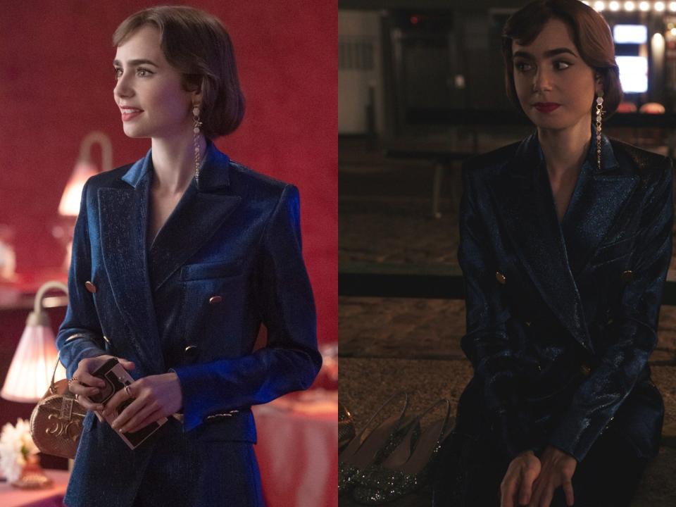 Lily Collins wearing a velvet suit on "Emily in Paris."