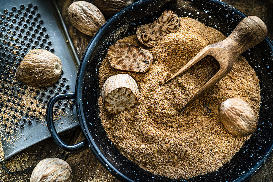 bowl of ground nutmeg and nuts