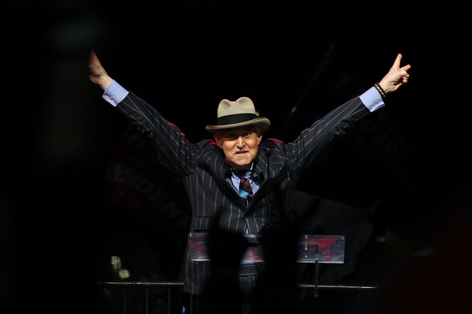 Roger Stone during speech to Trump supporters in Washington on night of January 5, 2021. / Credit: Tayfun Coskun/Anadolu Agency via Getty Images