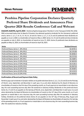 Pembina Pipeline Corporation Declares Quarterly Preferred Share Dividends and Announces First Quarter 2024 Results Conference Call and Webcast