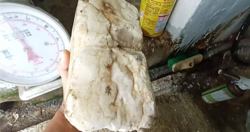 台東綠島鄉民林國文撿獲疑似龍涎香的乳白色石塊，重約700公克。（圖／林國文提供）