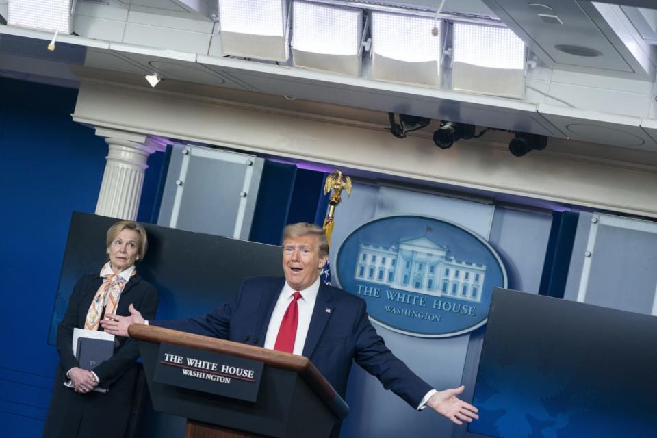 <div class="inline-image__caption"><p>President Donald Trump delivers remarks during a press briefing with White House coronavirus response coordinator Deborah Birx on April 18, 2020, in Washington, D.C.</p></div> <div class="inline-image__credit">Sarah Silbiger/Getty</div>