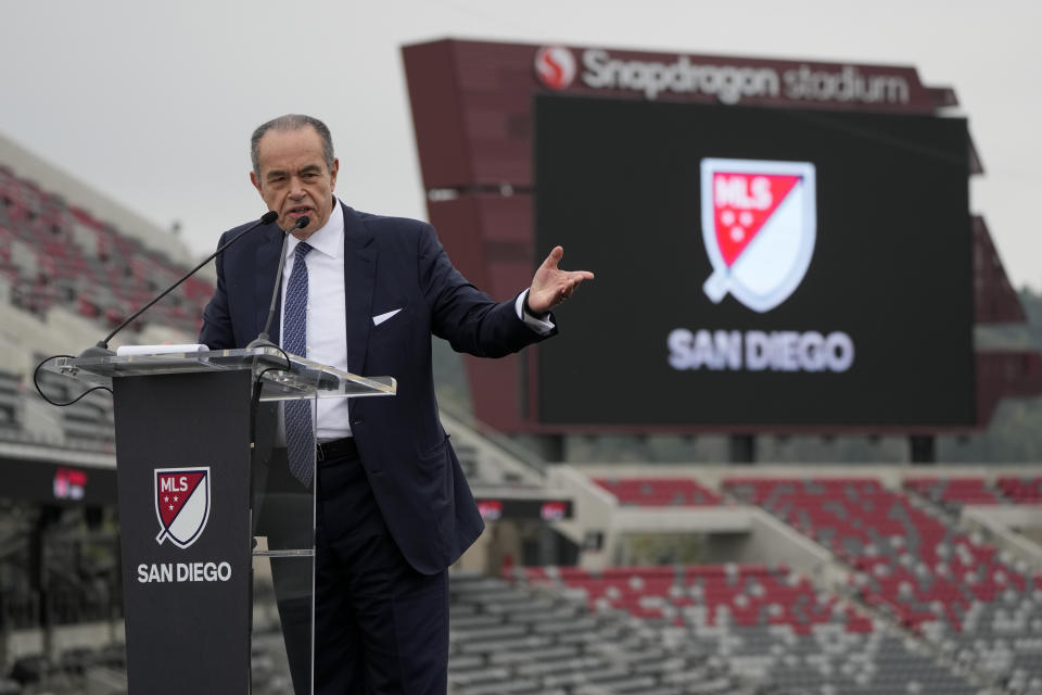 Mohamed Mansour, co-owner of the new Major League Soccer team in San Diego, speaks during an announcement for the new team, Thursday, May 18, 2023, in San Diego. Major League Soccer has awarded San Diego its 30th franchise, which is co-owned by Mansour and the Sycuan Tribe, and set to join the league in 2025. (AP Photo/Gregory Bull)