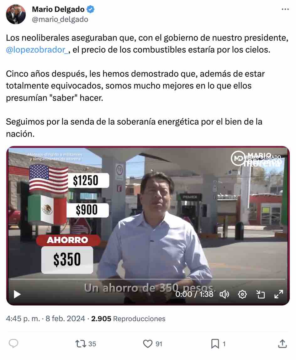 Captura de tuit de Mario Delgado en el que afirma que México tiene gasolina más barata que Estados Unidos