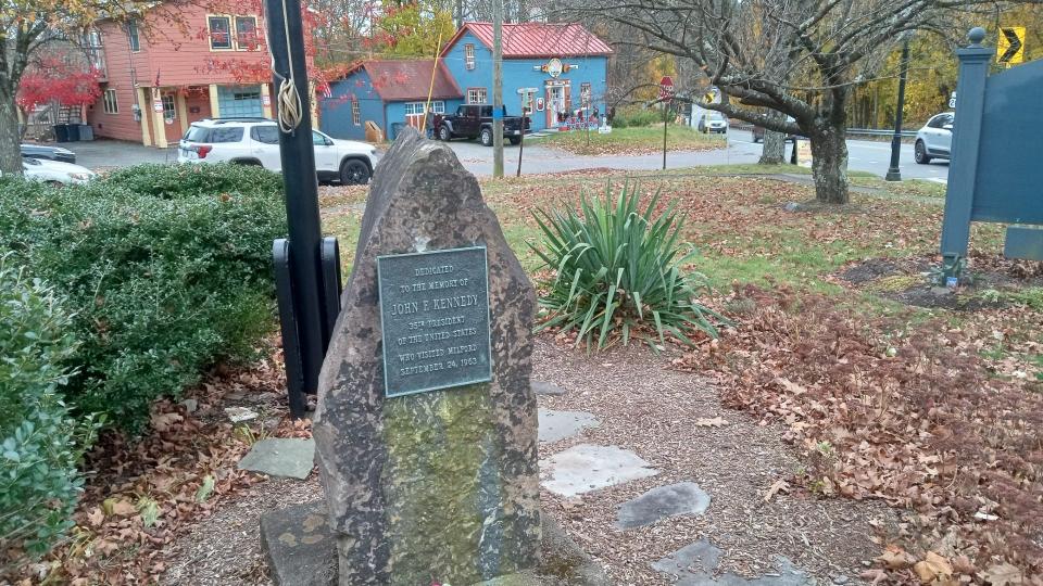 Milford Borough dedicated the triangular park at the east end of East Harford Street for President John F. Kennedy in the spring of 1964. A plaque on the boulder tells of Kennedy's visit to the area on Sept. 24, 1963. Milford Garden Club cares for the park.