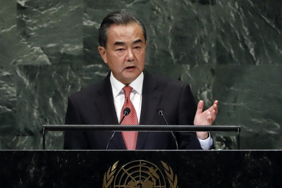 China's Foreign Minister Wang Yi addresses the 73rd session of the United Nations General Assembly, at U.N. headquarters, Friday, Sept. 28, 2018. (AP Photo/Richard Drew)