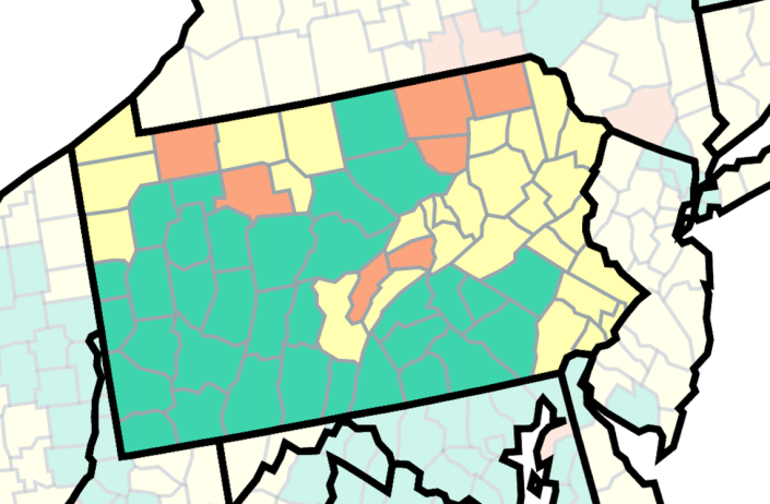 This map of Pennsylvania from the U.S. Centers for Disease Control and Prevention shows COVID-19 community levels by county. The orange are at high, yellow are medium and green are low.