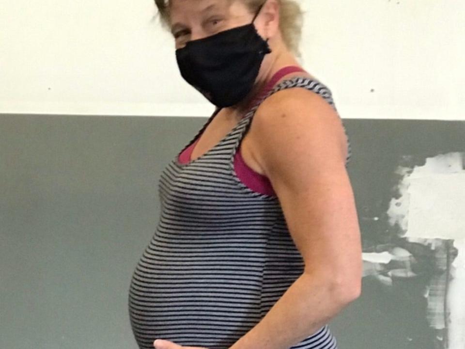 Barb Higgins, then aged 57, at the gym when she was pregnant with her son, Jack.